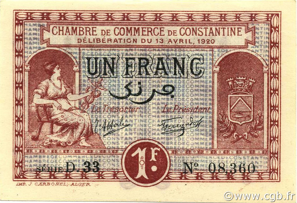 1 Franc ALGERIA Constantine 1920 JP.140.24 FDC