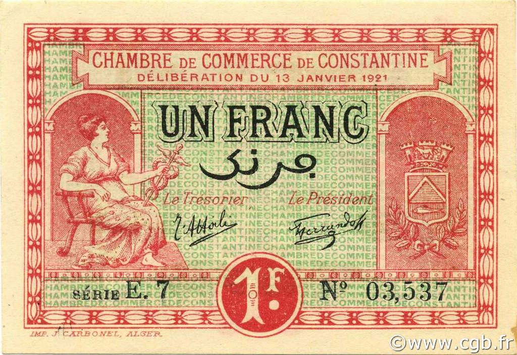 1 Franc ALGERIA Constantine 1921 JP.140.26 FDC