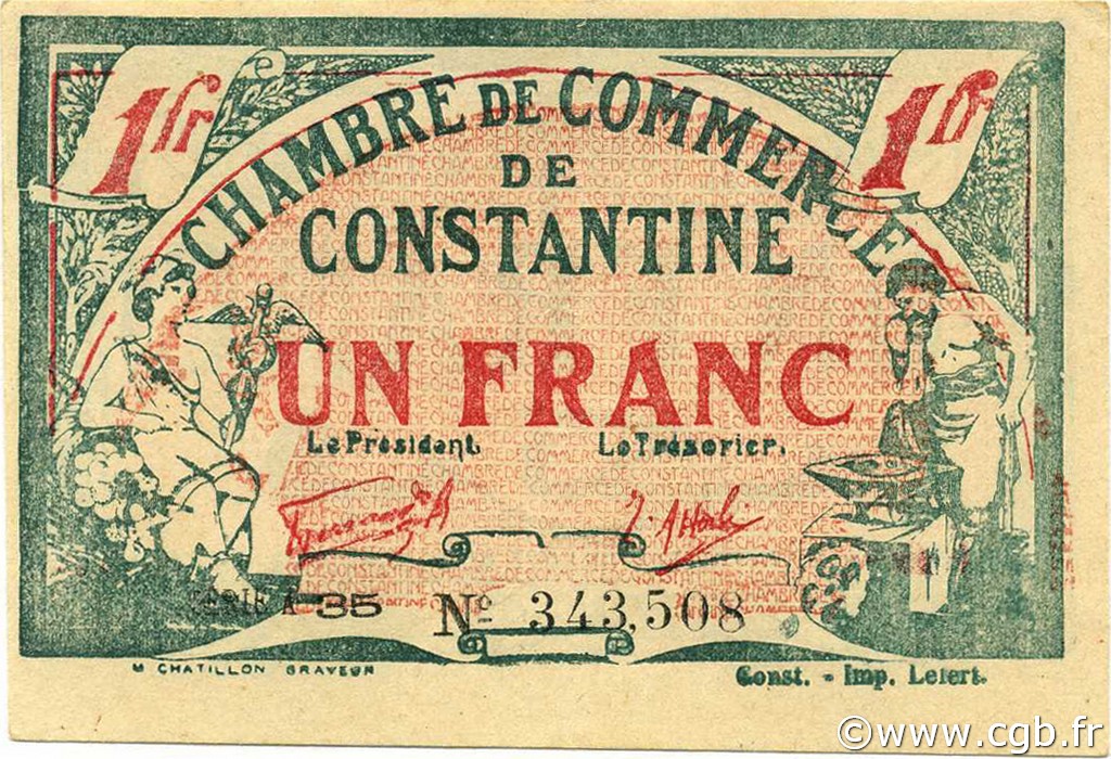 1 Franc ALGERIA Constantine 1921 JP.140.30v XF+