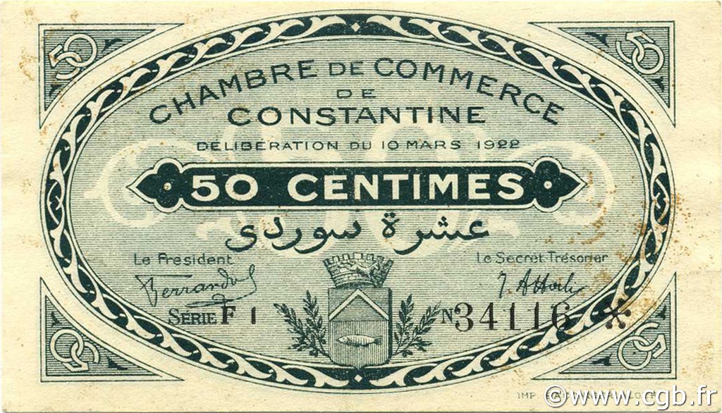 50 Centimes ALGERIA Constantine 1922 JP.140.38 XF+