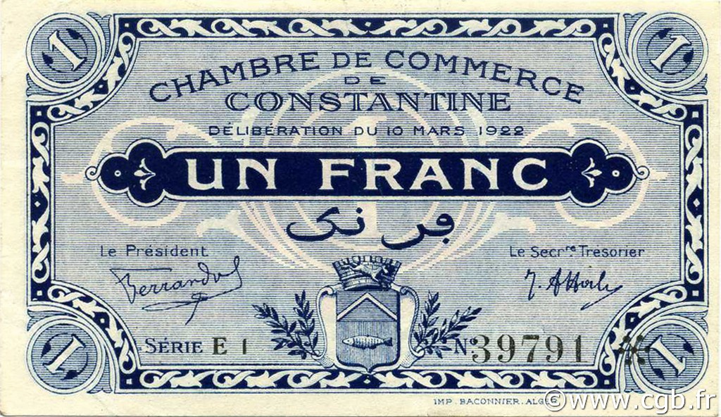 1 Franc ALGERIA Constantine 1922 JP.140.39 XF+