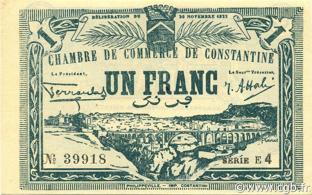 1 Franc ARGELIA Constantine 1922 JP.140.44 FDC