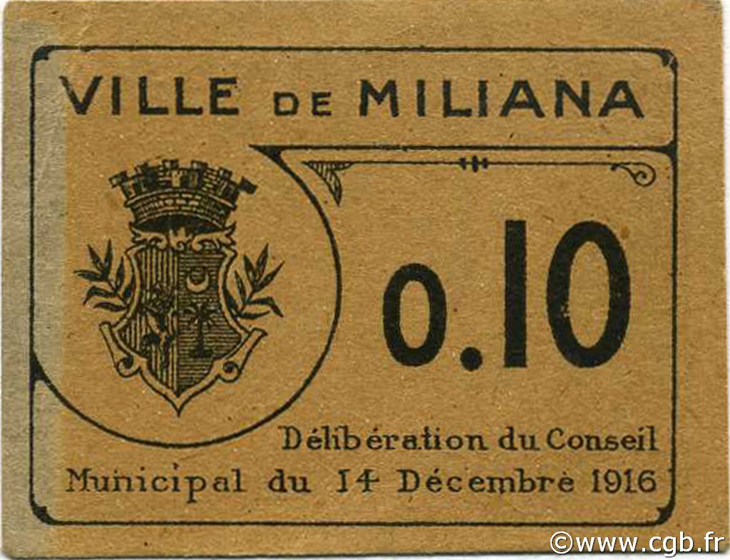 10 Centimes ALGÉRIE Miliana 1916 JPCV.02 SUP