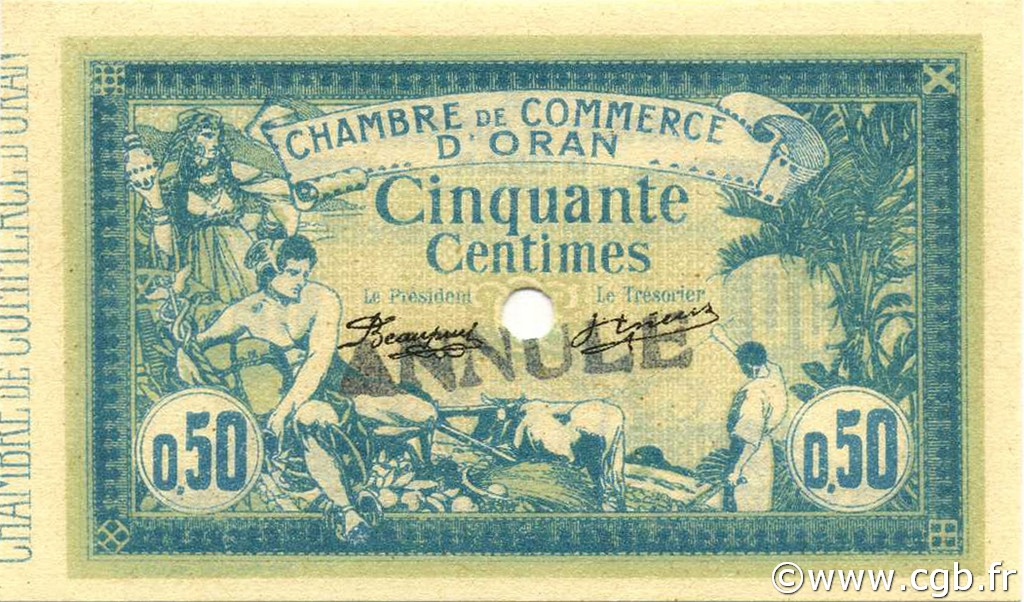 50 Centimes Annulé ALGERIA Oran 1915 JP.141.06 UNC-