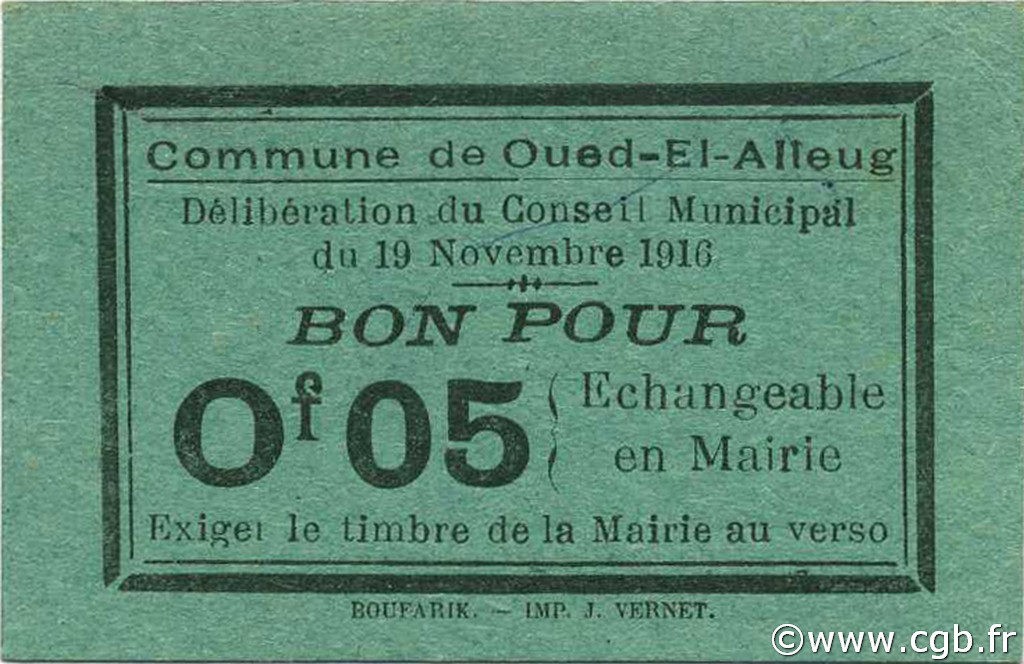 5 Centimes ALGERIA Oued-el-Alleug 1916 JPCV.01 AU