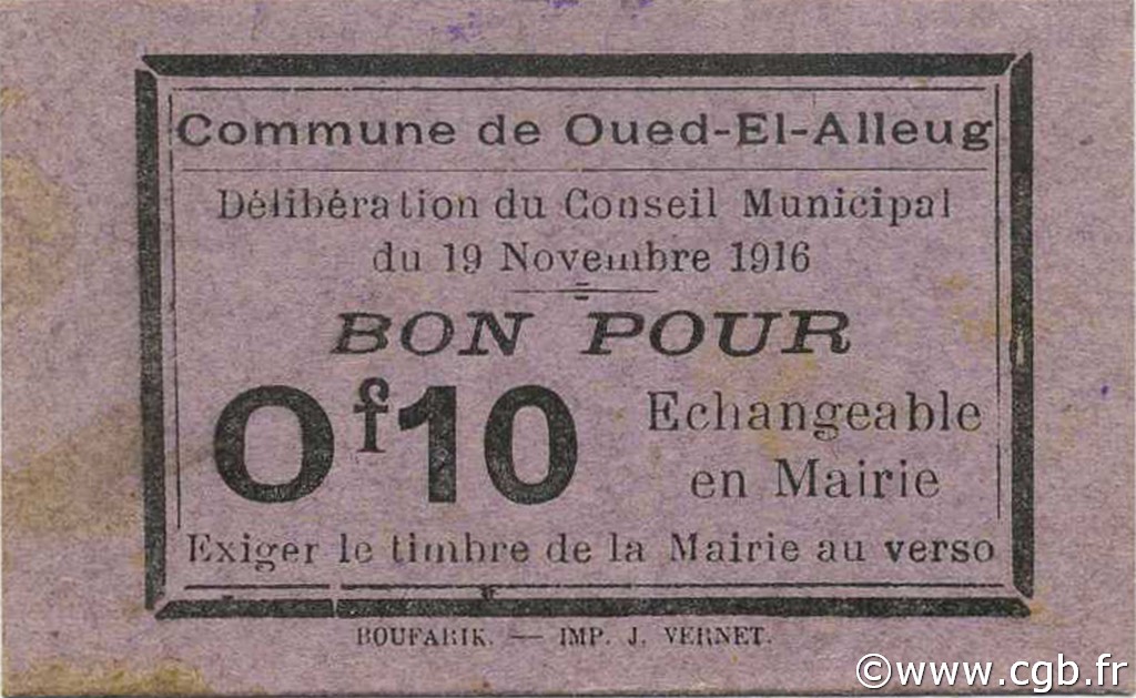 10 Centimes ALGERIA Oued-el-Alleug 1916 JPCV.02 AU