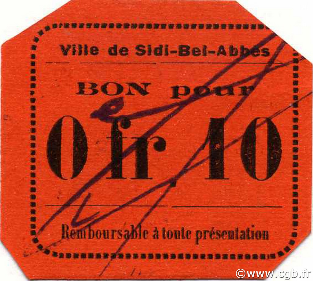 10 Centimes ALGERIEN Sidi-Bel-Abbès 1916 JPCV.08 fST+