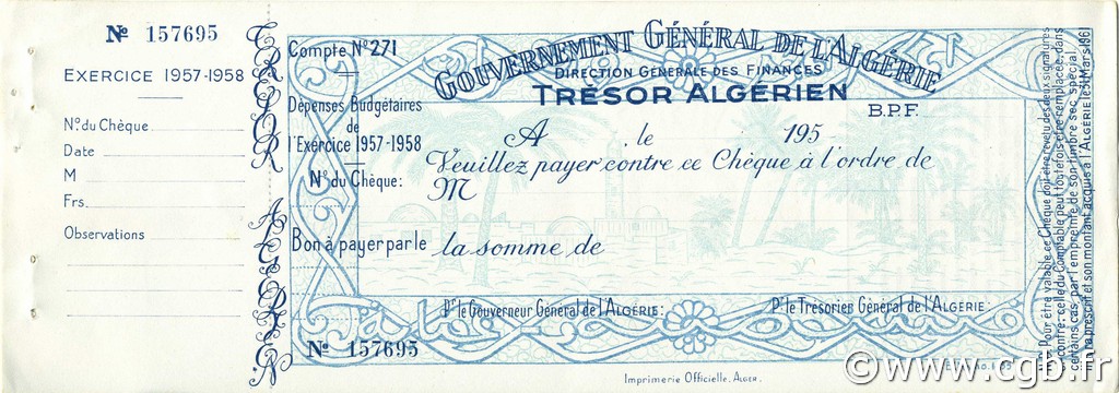 Chèque (sans valeur) Francs Non émis ARGELIA  1957 P.-- EBC