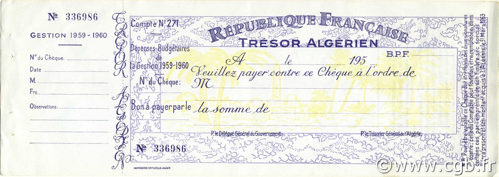 Chèque (sans valeur) Francs Non émis ALGERIA  1959 P.-- XF