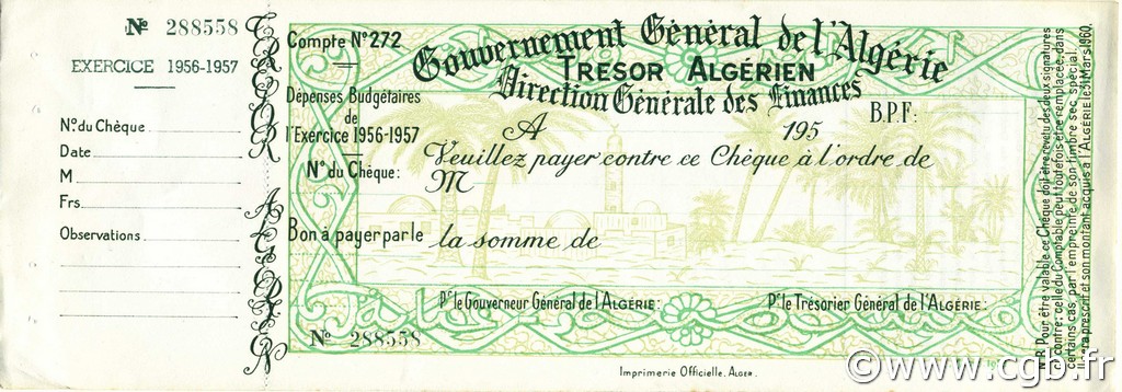 Chèque (sans valeur) Francs Non émis ALGERIA  1956 P.-- SPL