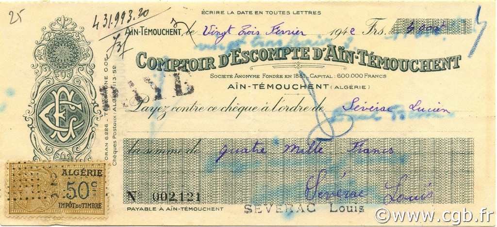 4000 Francs ALGERIA  1942 P.-- XF
