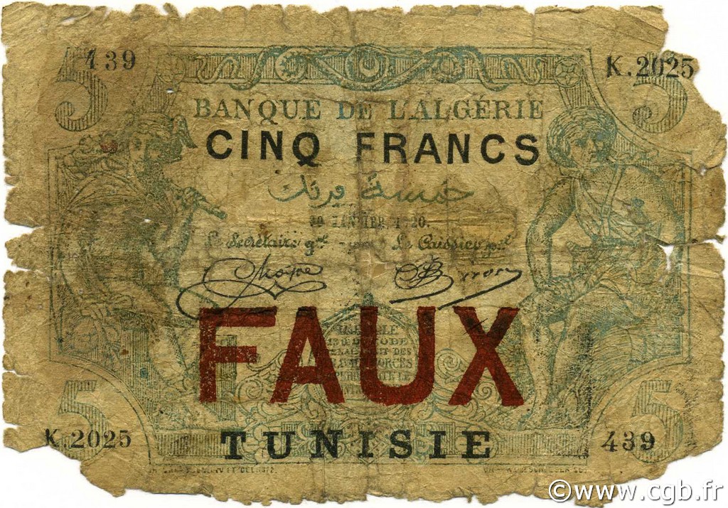 5 Francs TUNISIA  1920 P.01x q.B