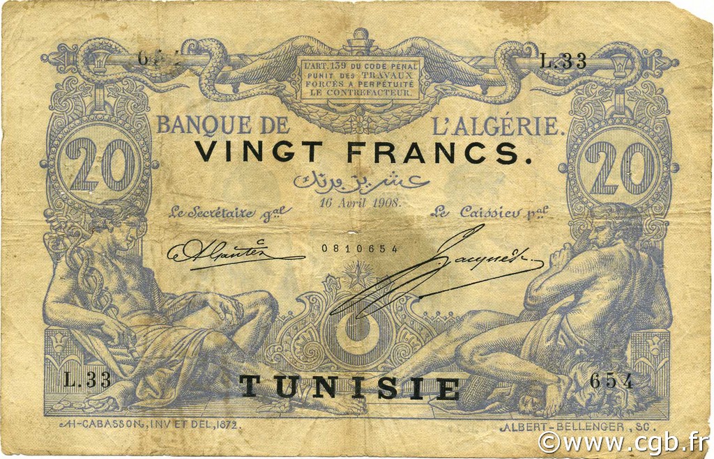 20 Francs TúNEZ  1908 P.02a BC