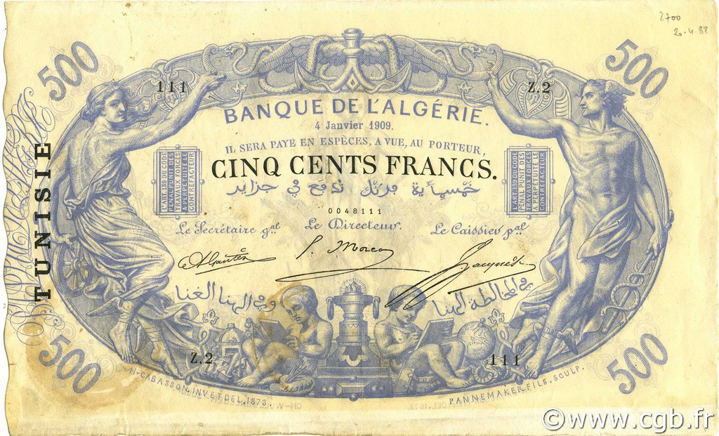 500 Francs TUNISIA  1909 P.05a BB to SPL