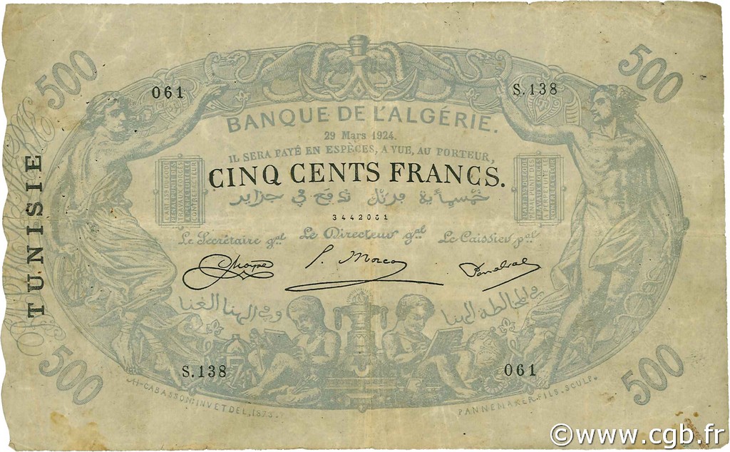 500 Francs TUNISIE  1924 P.05x TTB