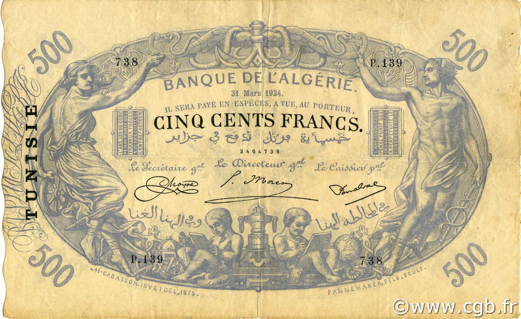 500 Francs TúNEZ  1924 P.05b MBC+