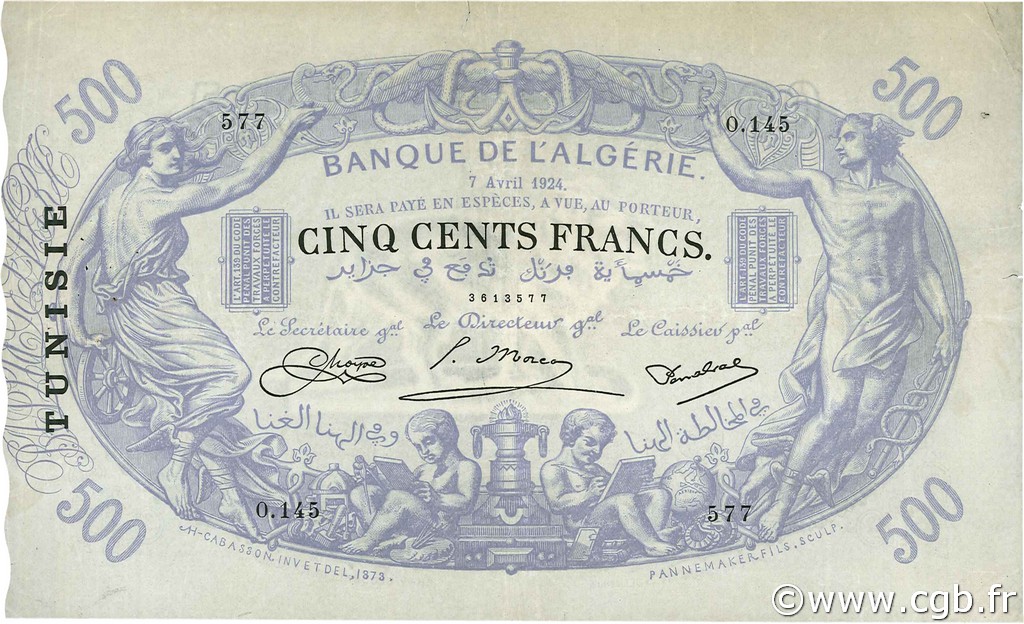 500 Francs TúNEZ  1924 P.05b MBC