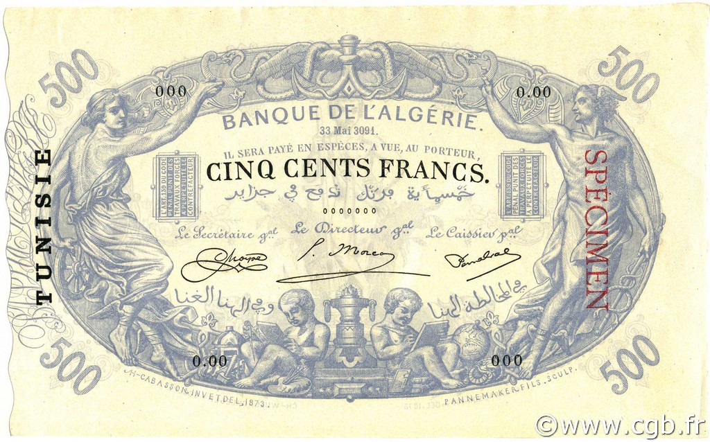 500 Francs TUNESIEN  1923 P.05s fST+