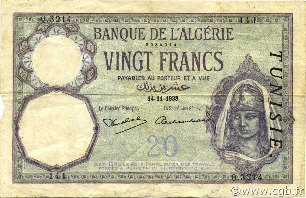 20 Francs TUNESIEN  1938 P.06b SS