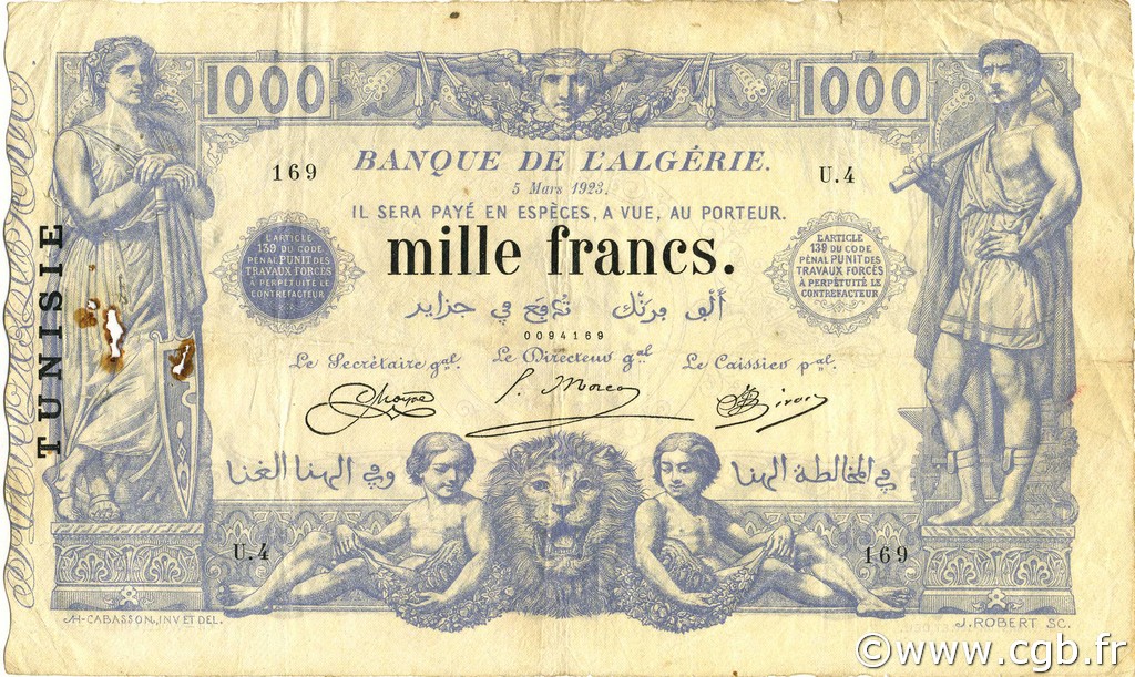 1000 Francs TUNISIA  1923 P.07b F+