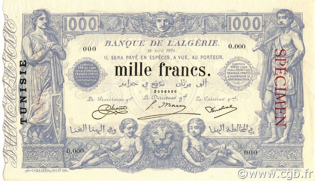 1000 Francs Spécimen TUNISIA  1924 P.07s q.FDC