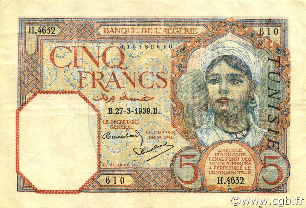 5 Francs TUNESIEN  1939 P.08b SS