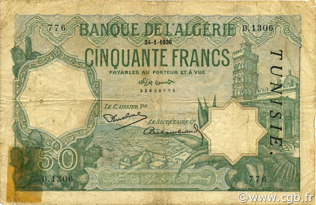 50 Francs TUNISIA  1936 P.09 q.MB
