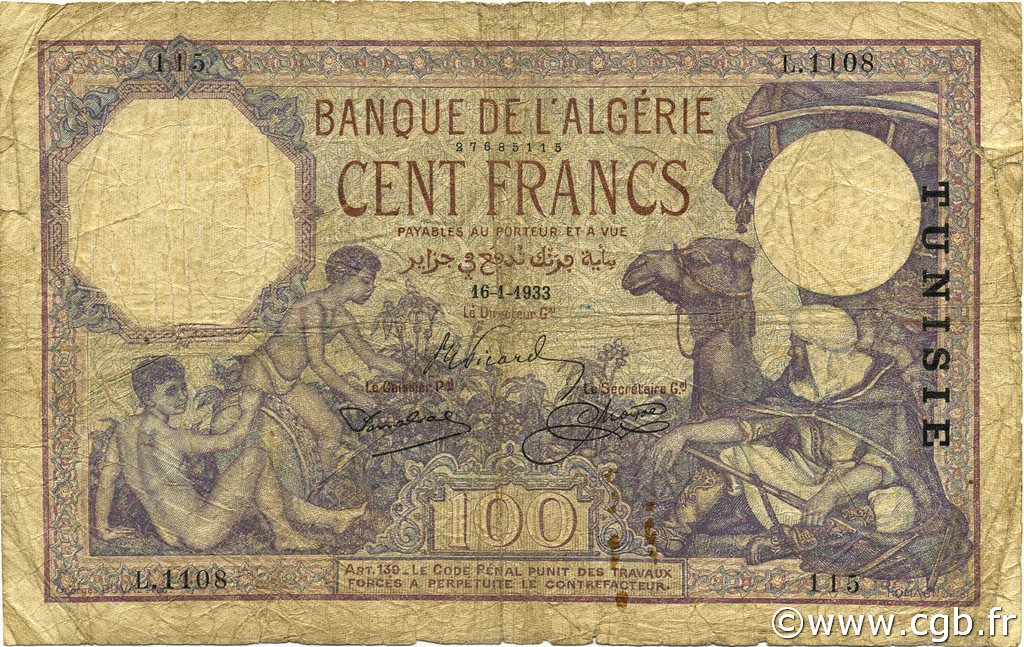 100 Francs TUNISIA  1933 P.10b G