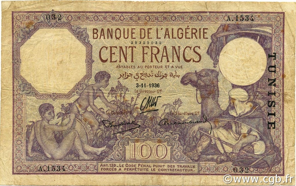 100 Francs TUNESIEN  1936 P.10c fS