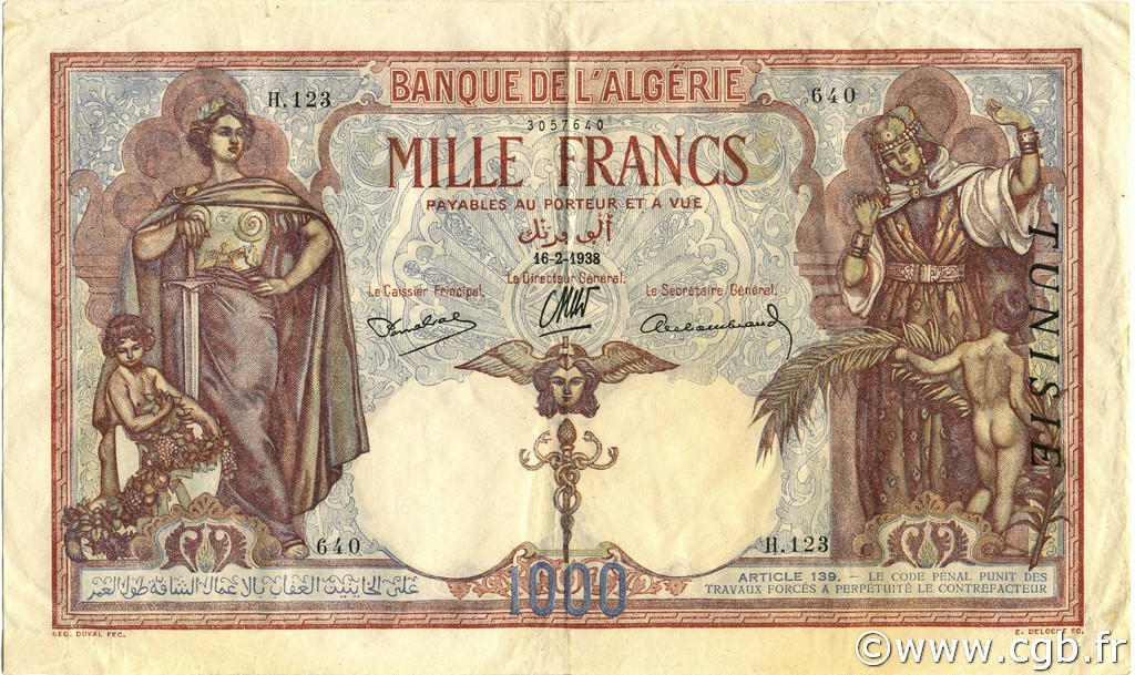 1000 Francs TUNESIEN  1938 P.11b fVZ