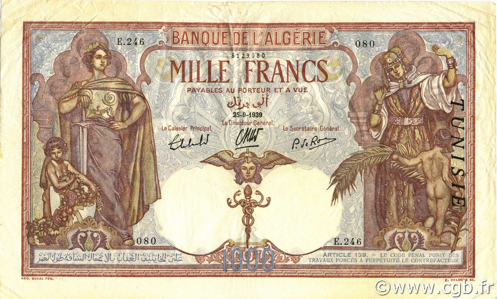 1000 Francs TUNISIA  1939 P.11b VF+