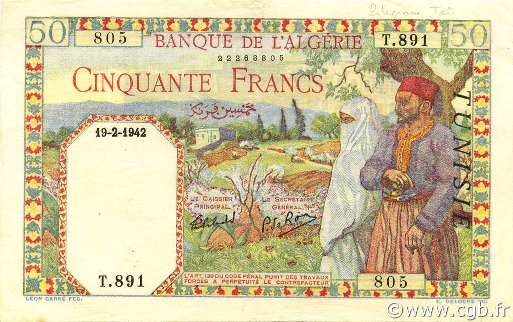 50 Francs TUNESIEN  1942 P.12a VZ