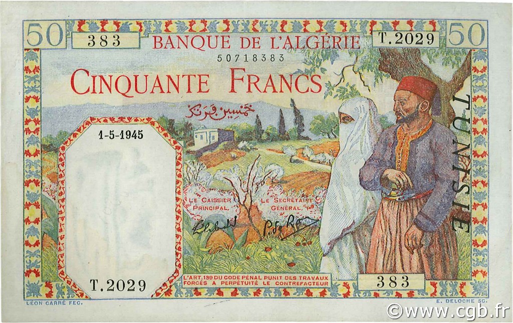 50 Francs TUNISIA  1945 P.12a AU