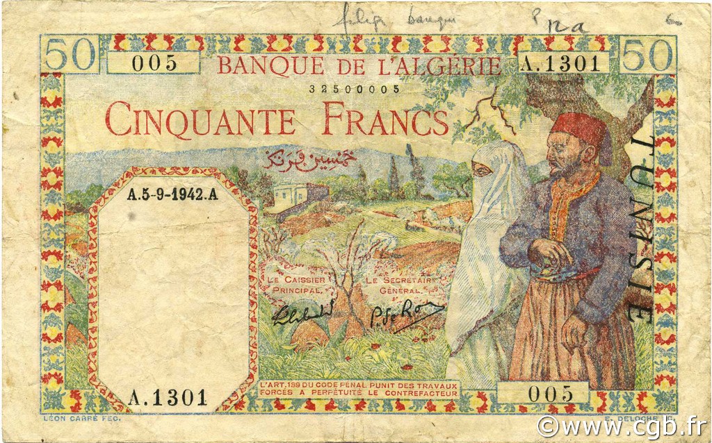 50 Francs TúNEZ  1942 P.12b BC+
