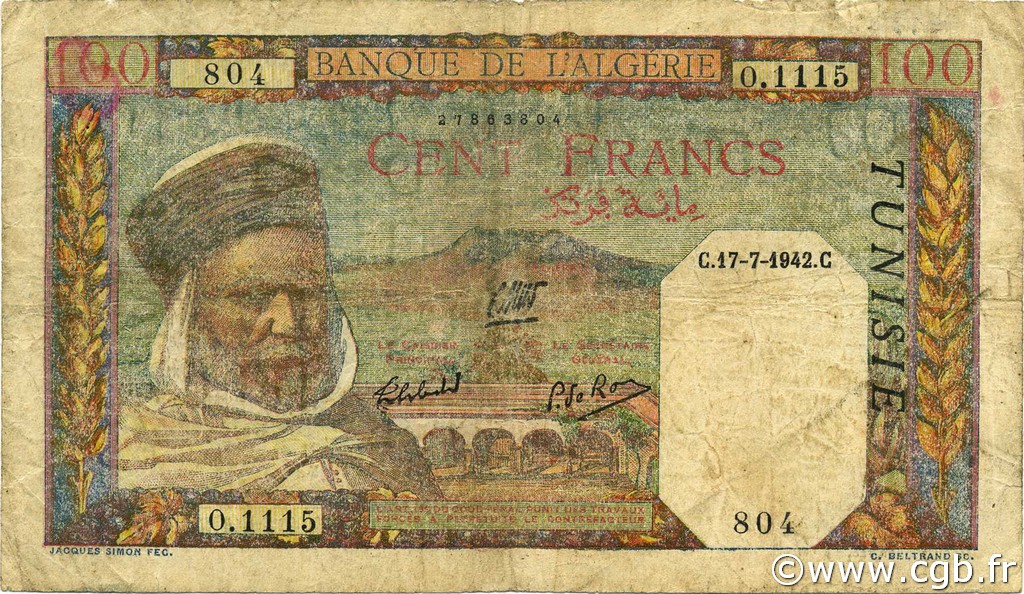 100 Francs TUNISIA  1942 P.13b q.MB