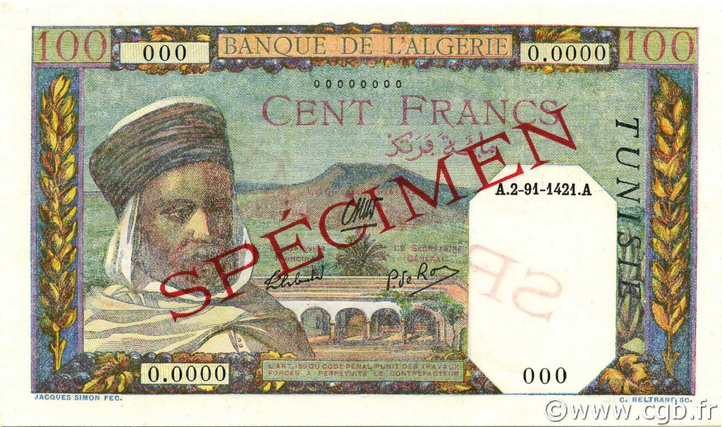 100 Francs TUNISIA  1938 P.13bs q.FDC