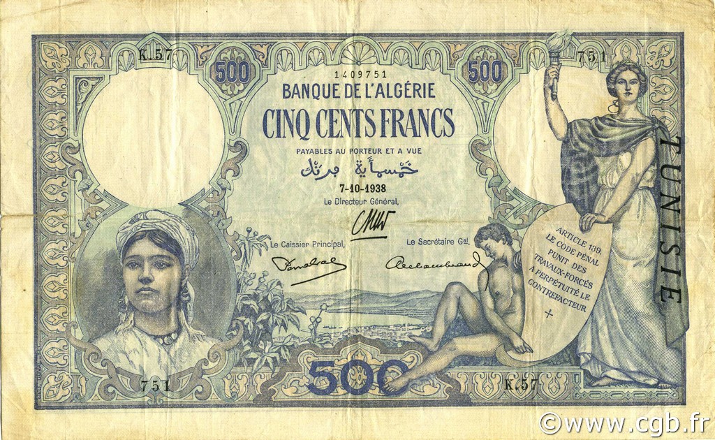 500 Francs TúNEZ  1938 P.14 MBC