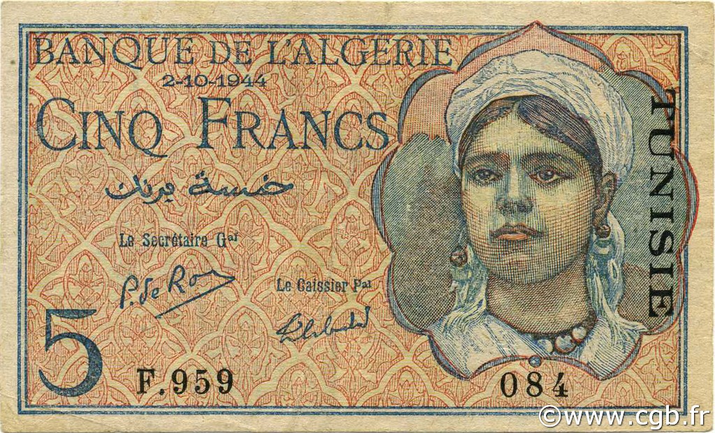 5 Francs TUNESIEN  1944 P.16 VZ