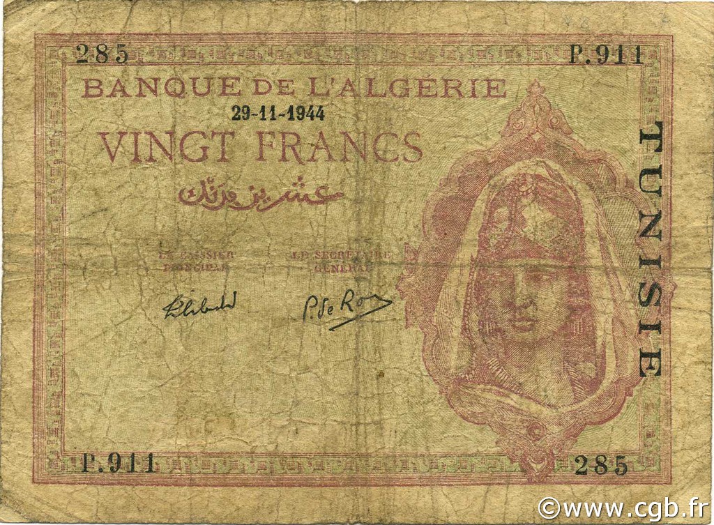 20 Francs TUNESIEN  1944 P.18 fS