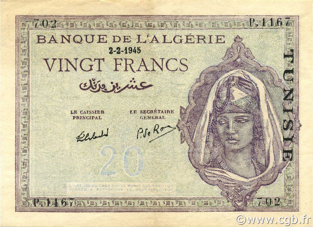 20 Francs TUNESIEN  1945 P.18 VZ+