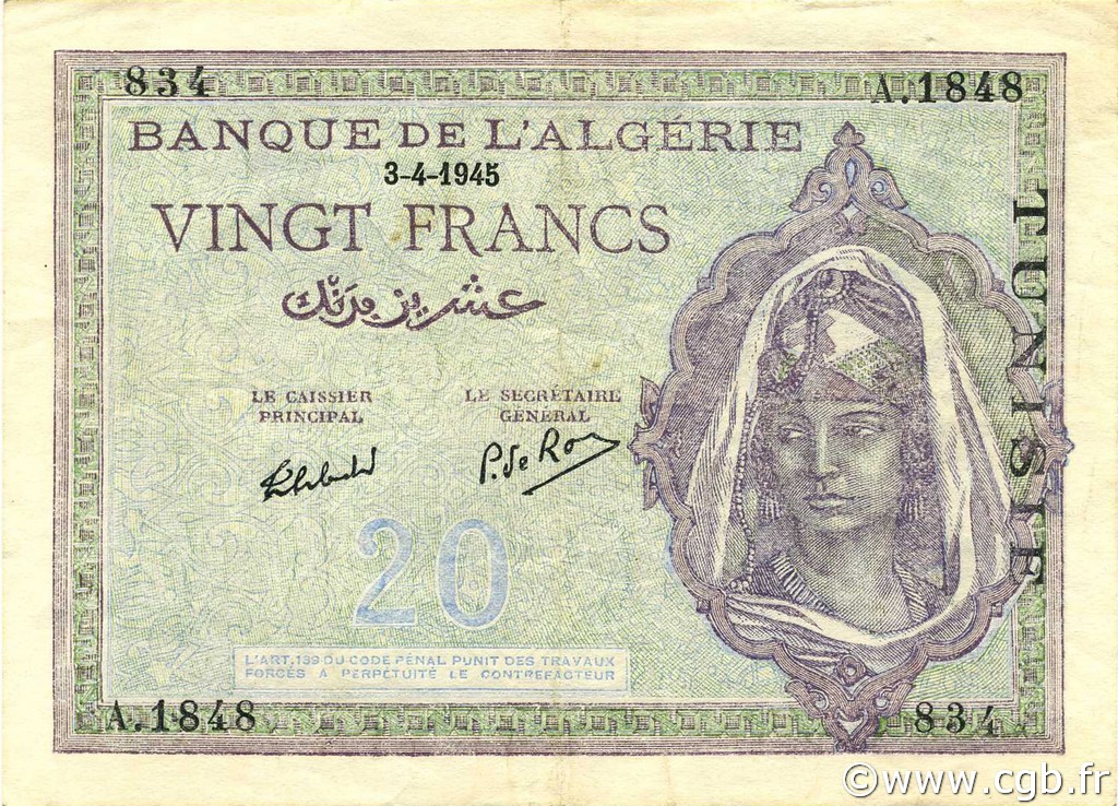 20 Francs TUNESIEN  1945 P.18 SS to VZ