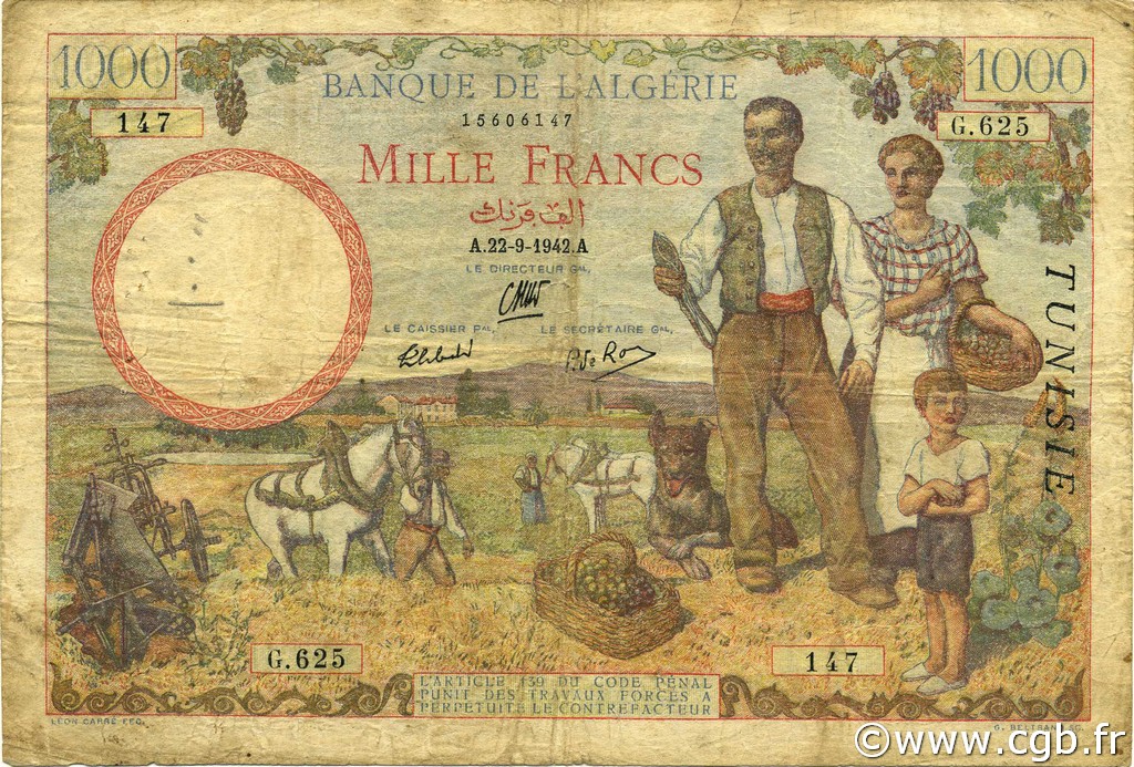1000 Francs TUNESIEN  1942 P.20b SGE to S