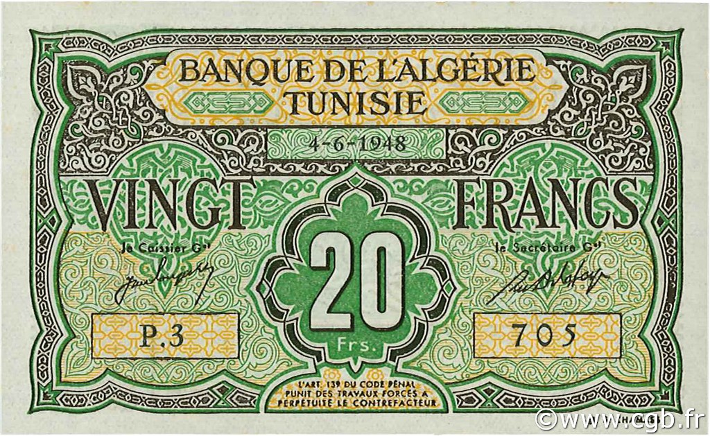 20 Francs TUNISIA  1948 P.22 UNC