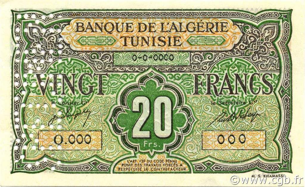 20 Francs TUNESIEN  1946 P.22s ST