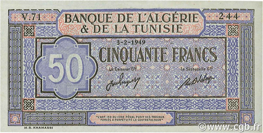 50 Francs TUNESIEN  1949 P.23 fST+