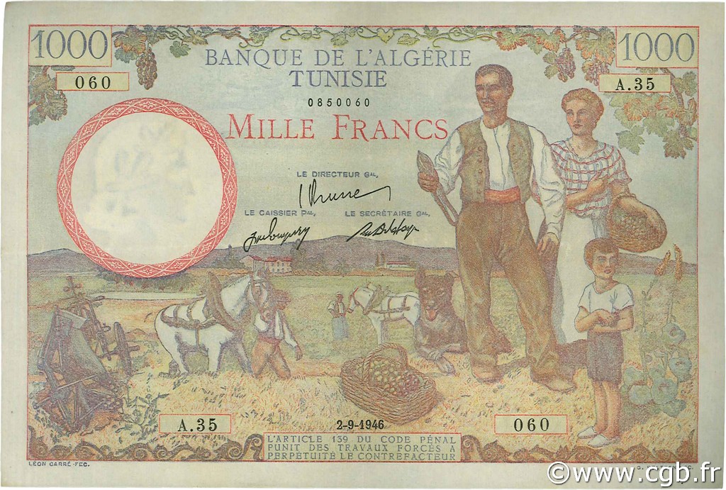 1000 Francs TUNESIEN  1946 P.26 SS to VZ
