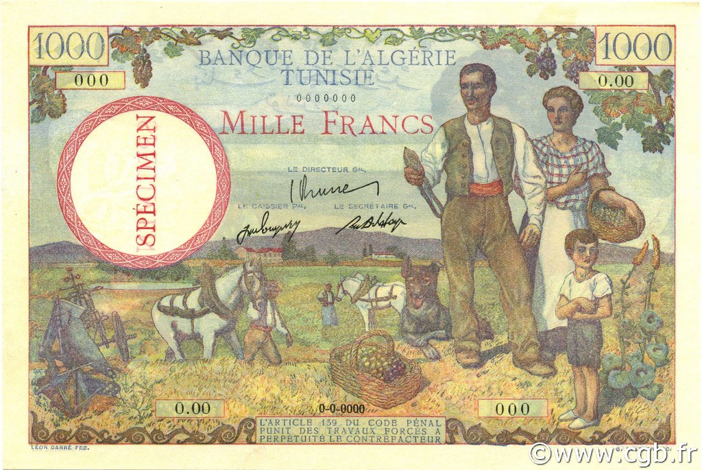 1000 Francs TUNISIA  1946 P.26s UNC