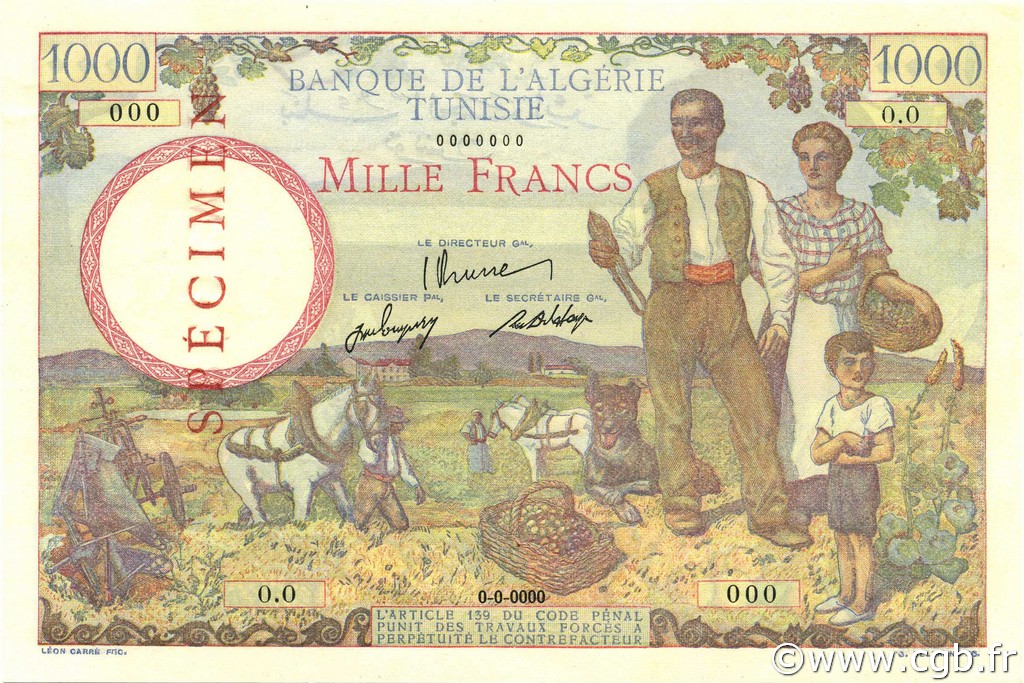 1000 Francs Spécimen TUNISIE  1946 P.26s pr.NEUF