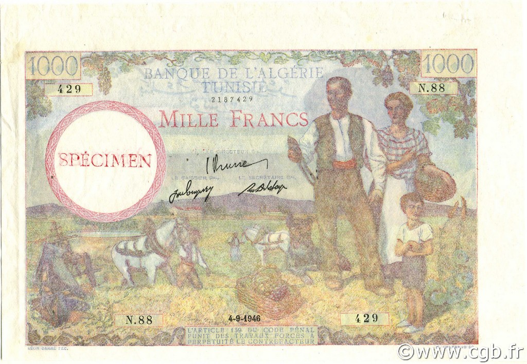 1000 Francs TUNISIA  1946 P.26s AU