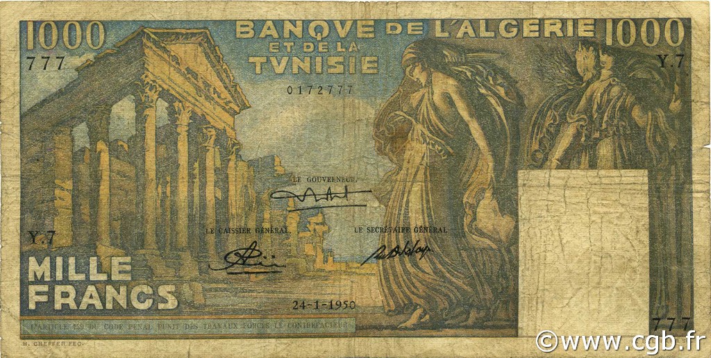 1000 Francs TUNESIEN  1950 P.29a SGE